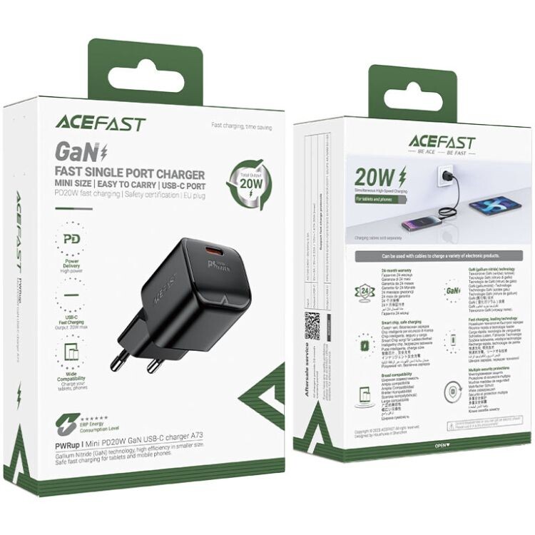 Сетевое зарядное устройство Acefast GaN A73 mini 20W USB-C Black (6974316282648)