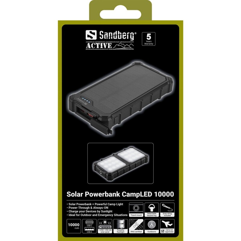 Универсальная мобильная батарея Sandberg Solar Powerbank CampLED 10000mAh 22.5W Black (421-23)