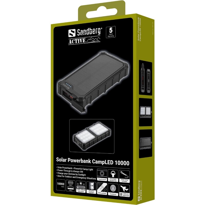 Универсальная мобильная батарея Sandberg Solar Powerbank CampLED 10000mAh 22.5W Black (421-23)