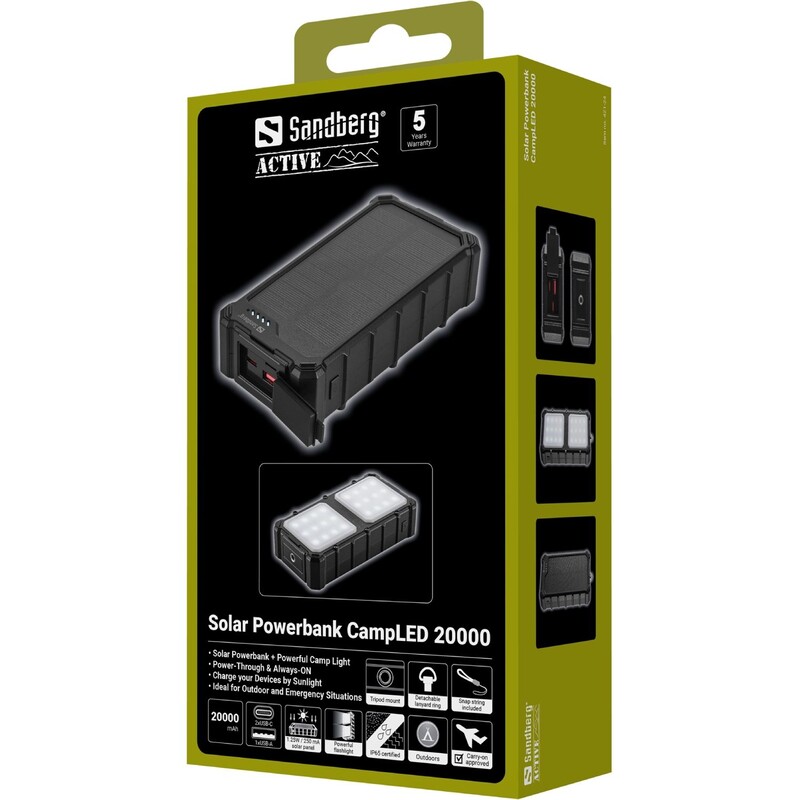 Универсальная мобильная батарея Sandberg Solar Powerbank CampLED 20000mAh 22.5W Black (421-24)