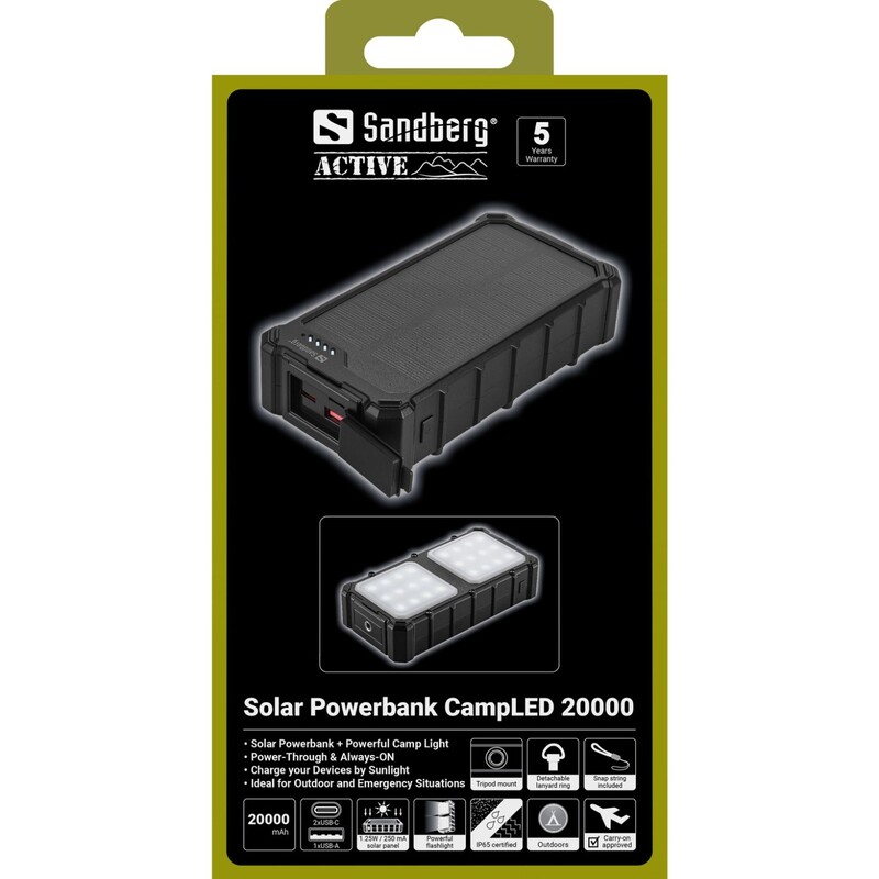 Универсальная мобильная батарея Sandberg Solar Powerbank CampLED 20000mAh 22.5W Black (421-24)
