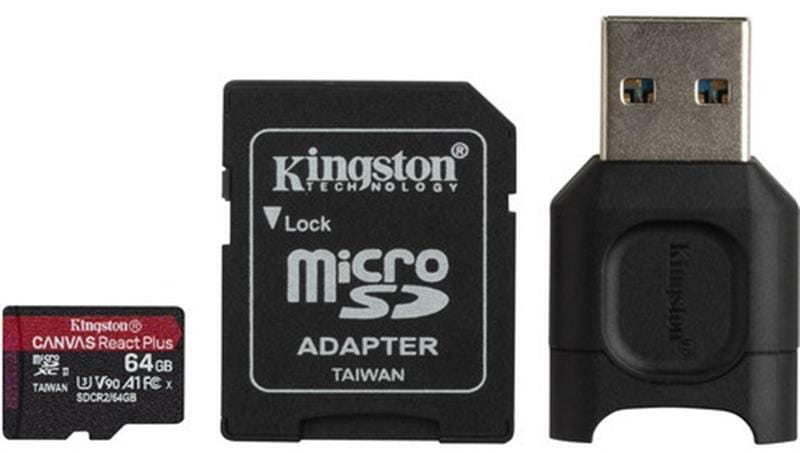 Карта пам'ятi MicroSDXC 64GB UHS-II/U3 Class 10 Kingston Canvas React Plus R285/W165MB/s + SD-адаптер + USB-кардридер (MLPMR2/64GB)