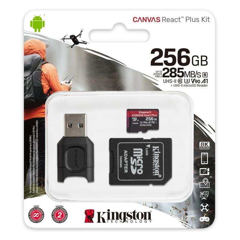 MicroSDXC 256GB UHS-II/U3 Class 10 Kingston Canvas React Plus R285/W165MB/s + SD-адаптер + USB-кардридер (MLPMR2/256GB)
