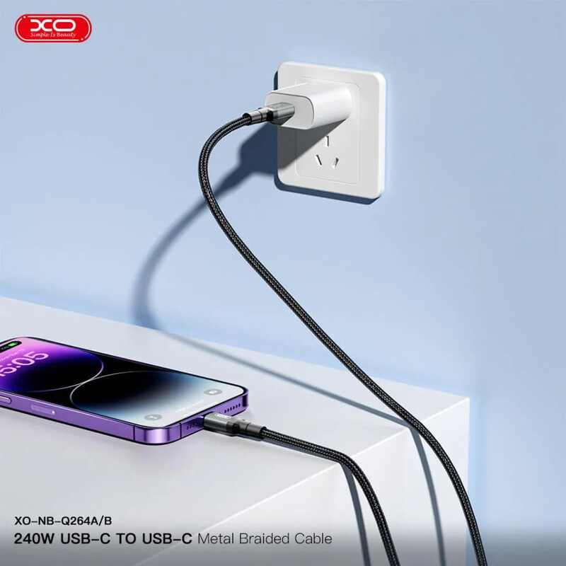 Кабель XO NBQ264A High Power Braided, USB-C - USB-C, (M/M), 240W, 1 м, Black (NBQ264A_С_Black)