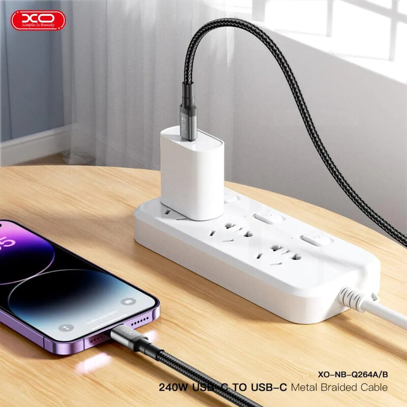 Кабель XO NBQ264A High Power Braided, USB-C - USB-C, (M/M), 240W, 2 м, Black (NBQ264B_С_Black)