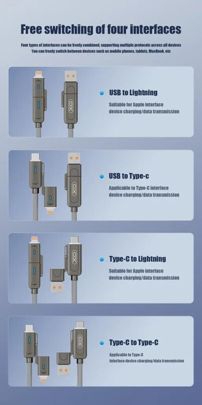 Кабель XO NB275 Zinc Alloy Silicone, USB Type-C/USB-A - USB Type-C - Lightning, 60W, 1 м, Grаy (NB275_4-in-1_Gray)