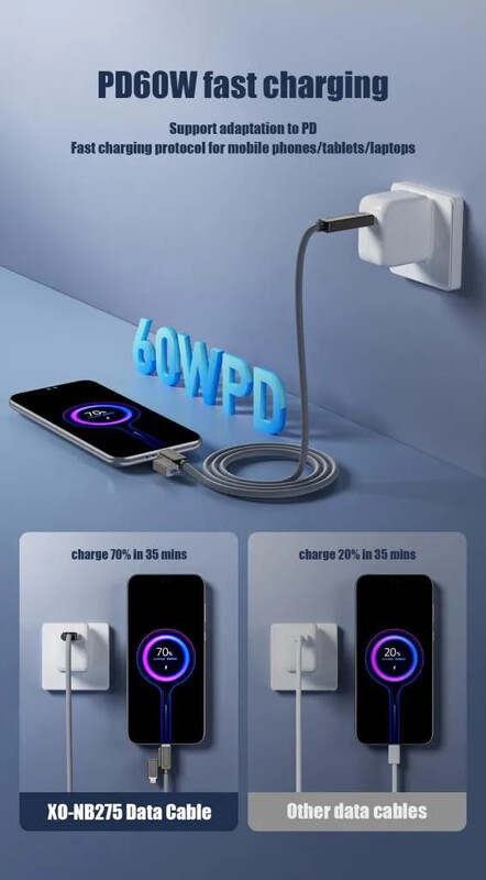 Кабель XO NB275 Zinc Alloy Silicone, USB Type-C/USB-A - USB Type-C - Lightning, 60W, 1 м, Grаy (NB275_4-in-1_Gray)