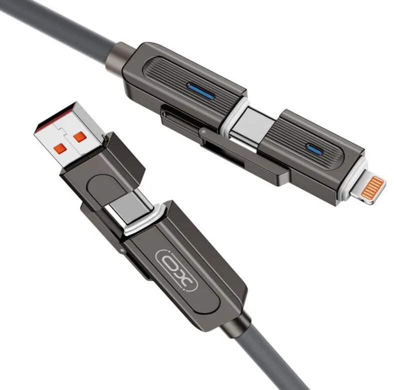 Кабель XO NB275 Zinc Alloy Silicone, USB Type-C/USB-A - USB Type-C - Lightning, 60W, 1 м, Grаy (NB275_4-in-1_Gray)