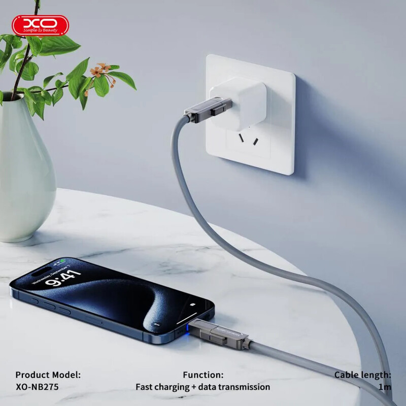 Кабель XO NB275 Zinc Alloy Silicone, USB Type-C/USB-A - USB Type-C - Lightning, 60W, 1 м, Grаy (NB275_4-in-1_Gray)