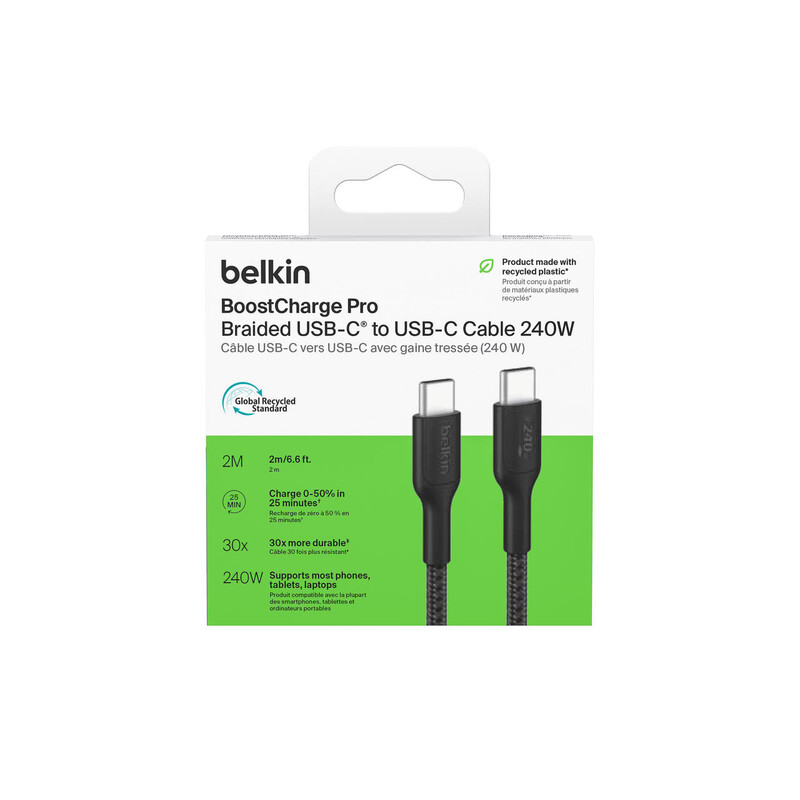 Кабель Belkin USB-C - USB-C (M/M), 2 м, 240Вт, Black (CAB025HQ2MBK)