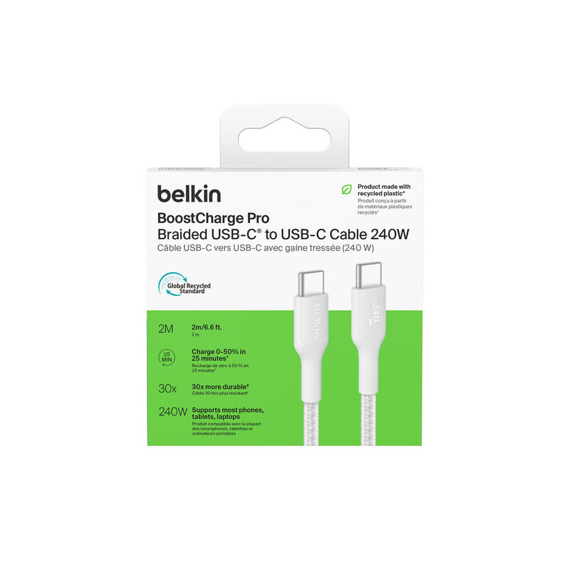 Кабель Belkin USB-C - USB-C (M/M), 2 м, 240Вт, White (CAB025HQ2MWH)