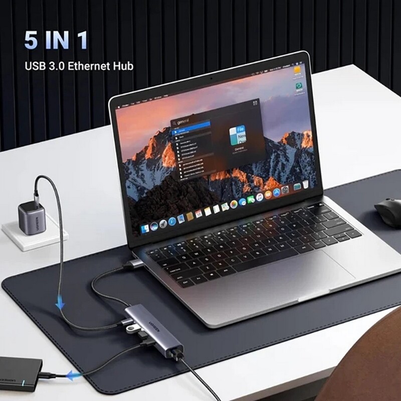 USB-хаб Ugreen USB 3.0 - 3xUSB 3.0, RJ-45, USB Type-C (60554)