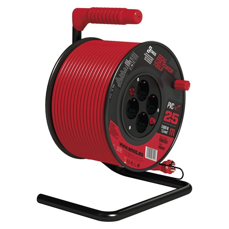 Подовжувач на котушці (P092251) з вимикачем, 4 розетки, 1.5 мм2, 25м, Black/Red
