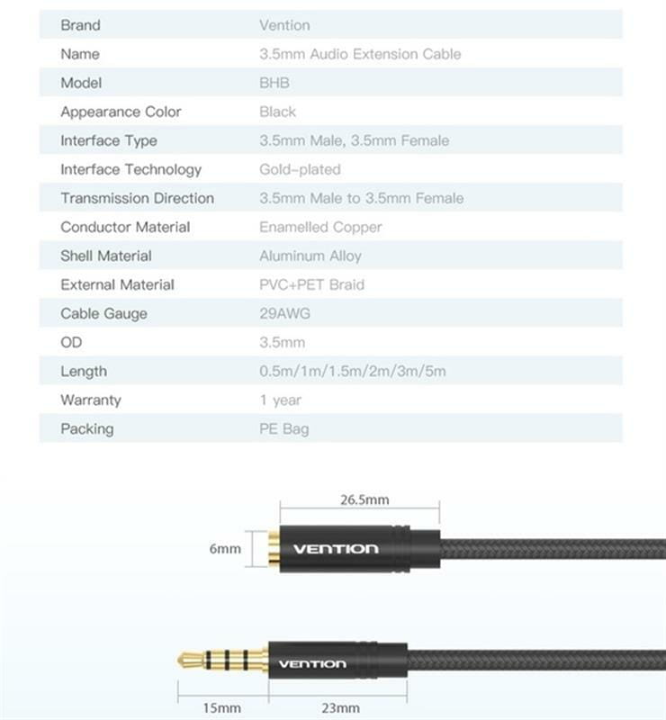 Кабель Vention Audio 3.5 мм - 3.5 мм,  M/F, 1 м, черный (BHBBF)