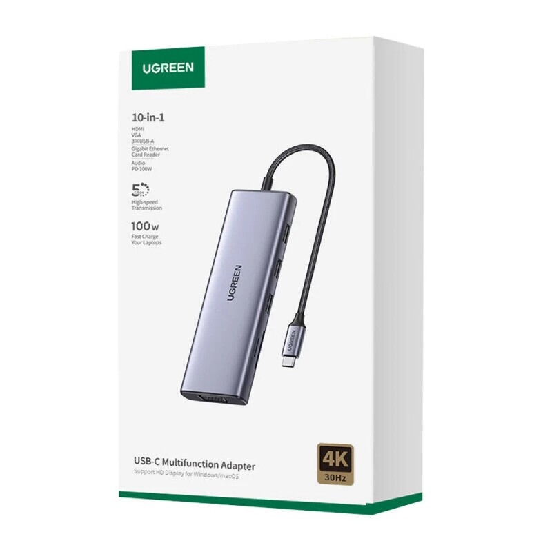 USB-хаб Ugreen CM498 USB 3.1 Type-C - 3xUSB 3.0, RJ-45, HDMI, VGA, SD, TF, 3,5мм (15601)
