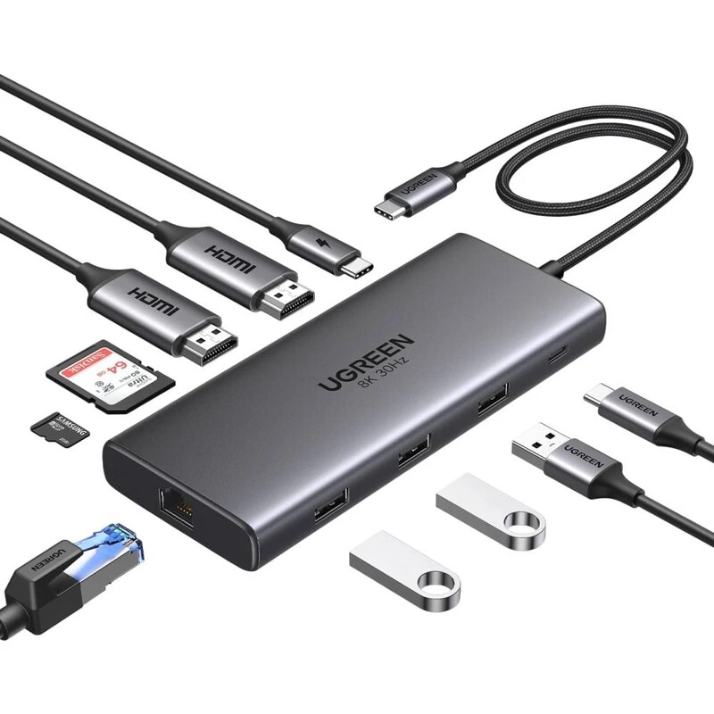 USB-хаб Ugreen CM639 USB 3.2 Type-C - 3xUSB, 2xHDMI, 2xUSB Type-C, RJ-45, SD, TF (15534)