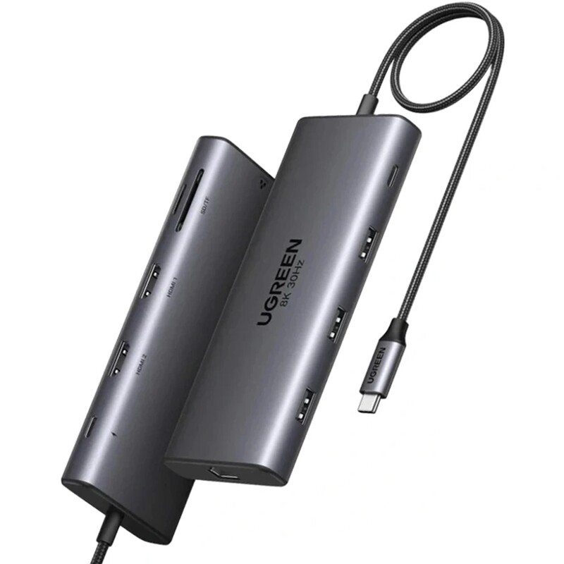USB-хаб Ugreen CM639 USB 3.2 Type-C - 3xUSB, 2xHDMI, 2xUSB Type-C, RJ-45, SD, TF (15534)