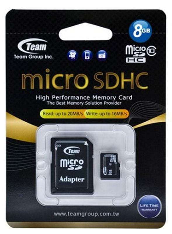 Карта памяти MicroSDHC   8GB Class 10 Team + SD-adapter (TUSDH8GCL1003)