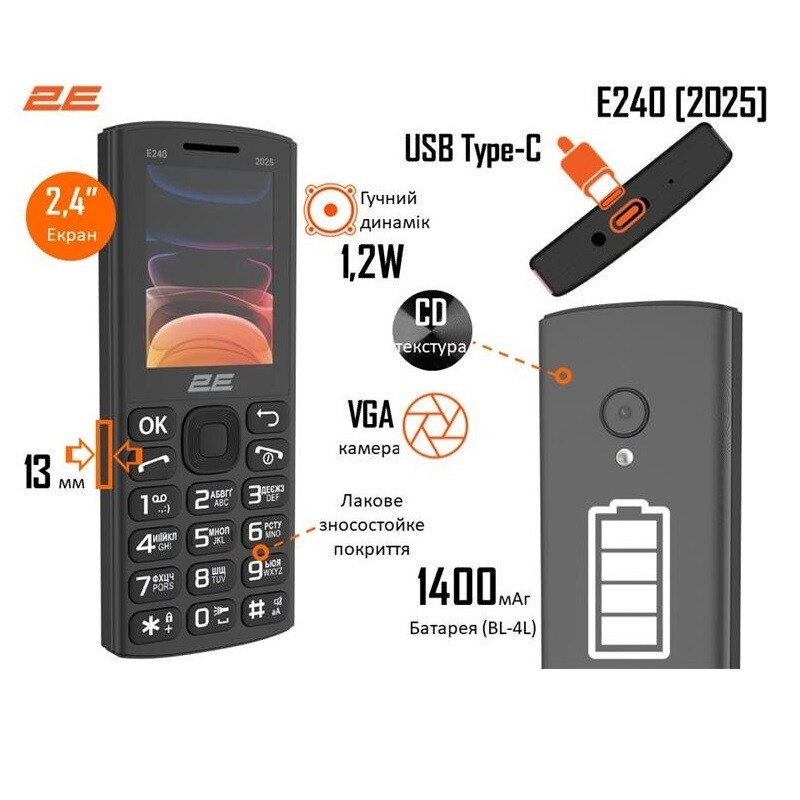Мобильный телефон 2E E240 2025 Dual Sim Black (794300867202)