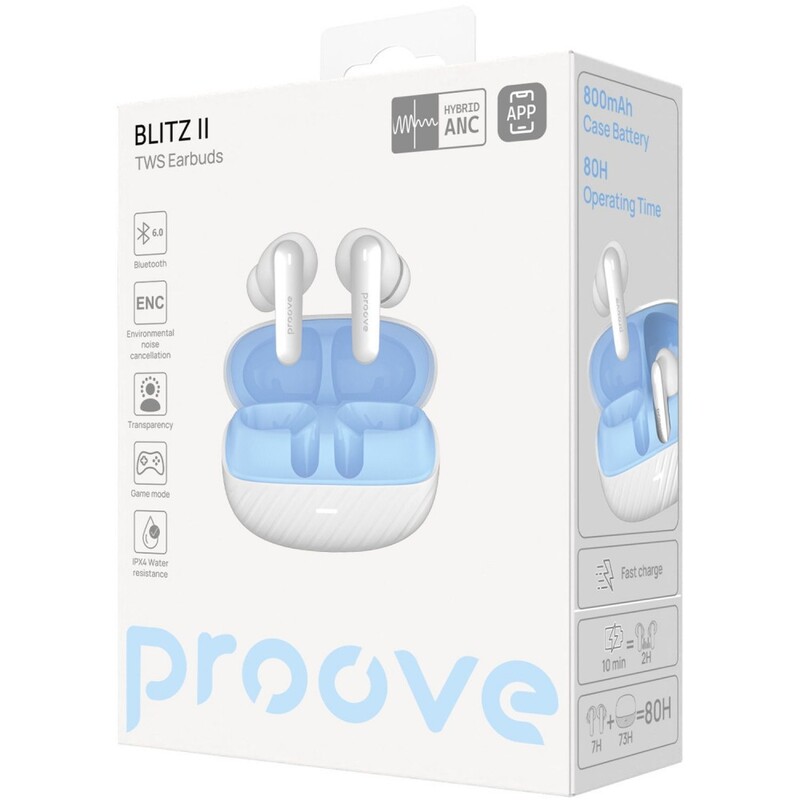 Bluetooth-гарнітура Proove Blitz II TWS with Hybrid ANC (APP) White/Blue (TWBL2001AP21)