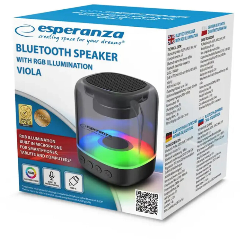 Акустична система Esperanza Bluetooth RGB Illuminated FM Viola Black (EP154)