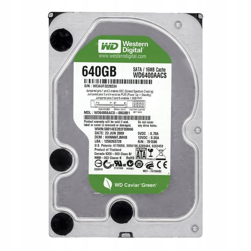 HDD SATA  640GB WD Caviar Green 7200rpm 16MB (WD6400AACS) Refurbished