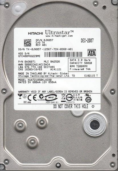 Накопитель HDD SATA  500Gb Hitachi (HGST) UltraStar A7K1000, 7200rpm 32Mb (HUA721050KLA330) Refurbished