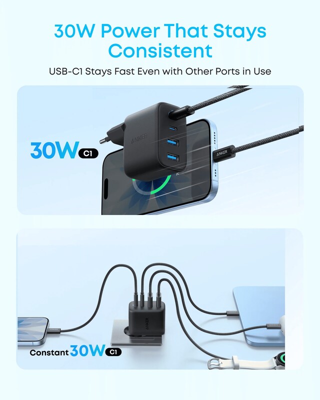 Мережевий зарядний пристрій Anker Zolo Charger 50W, 2xUSB-C, 2xUSB-A, Black (A121EG11)