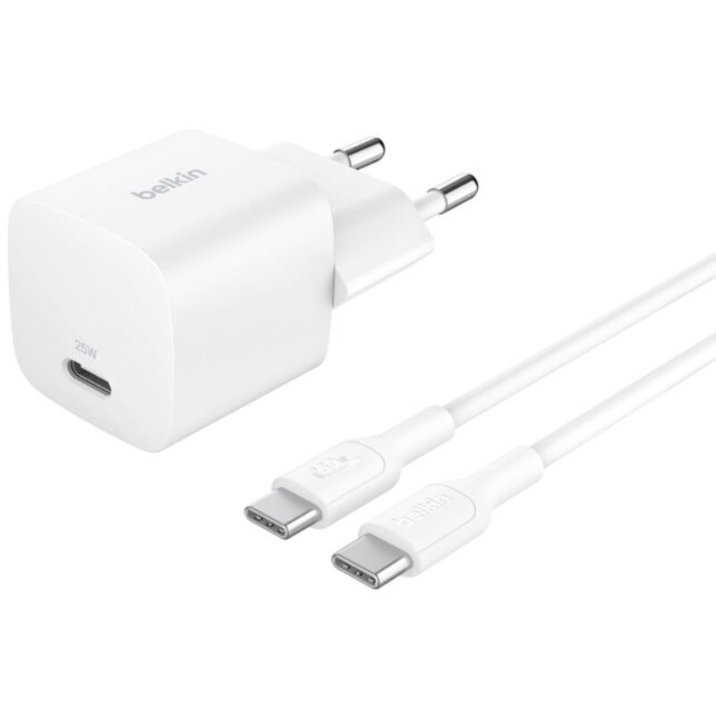 Мережевий зарядний пристрій Belkin BoostCharge USB-C Wall Charger 25W + USB-C 1 м White (WCA012KQ1MWH-B6)