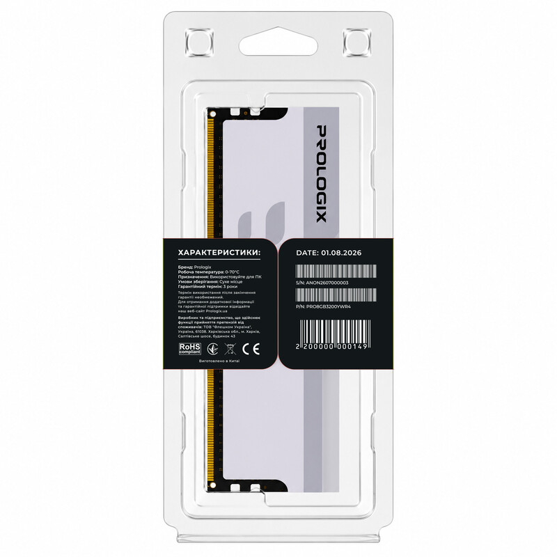 Модуль пам`ятi DDR4 8GB/3200 Prologix Onyx White RGB (PRO8GB3200YWR4)
