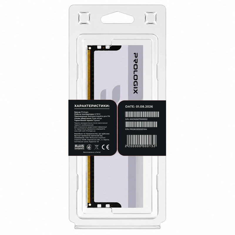 Модуль пам`ятi DDR4 8GB/3200 Prologix Onyx White (PRO8GB3200YW4)