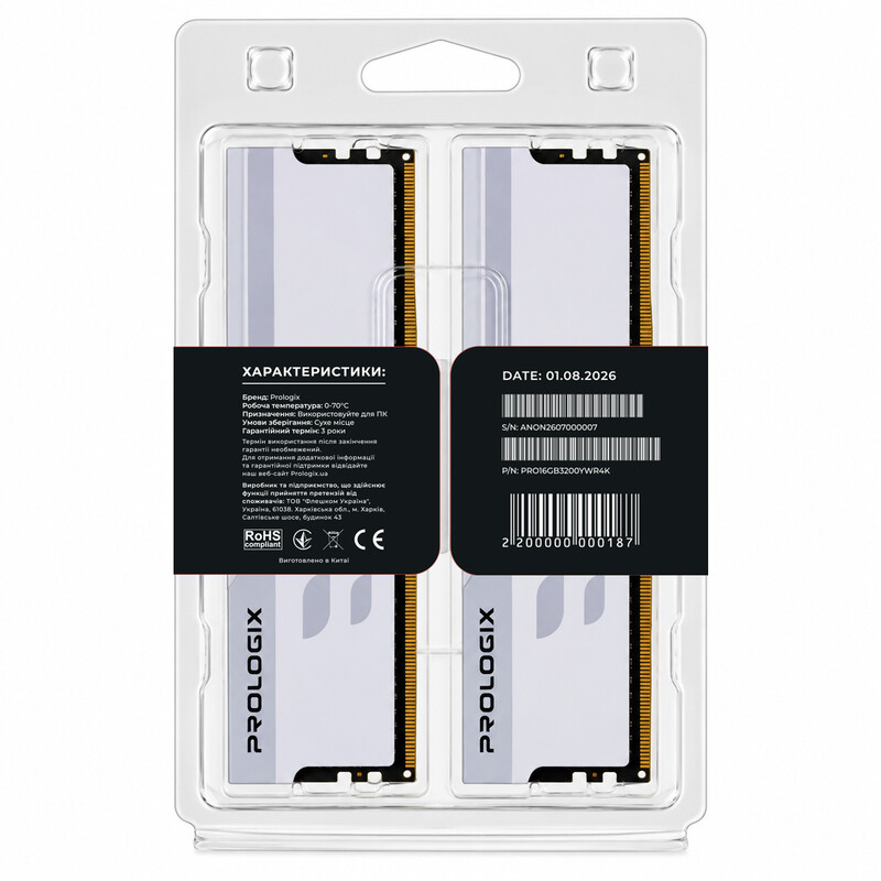 Модуль пам`ятi DDR4 2x8GB/3200 Prologix Onyx White RGB (PRO16GB3200YWR4K)