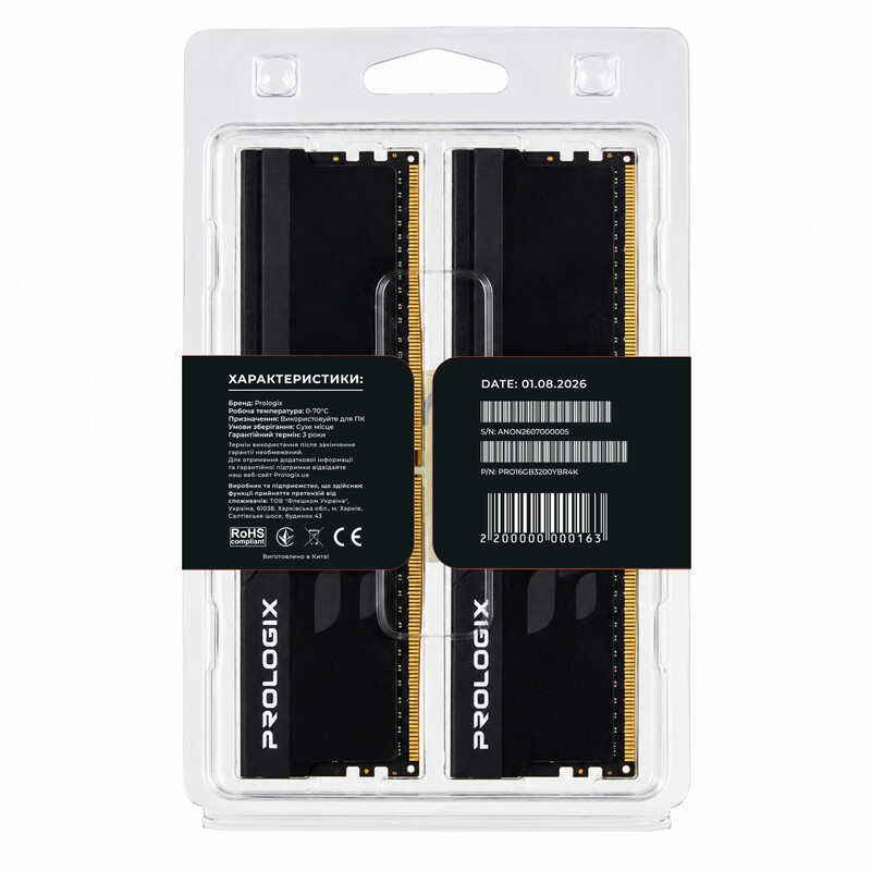 Модуль пам`ятi DDR4 2x8GB/3200 Prologix Onyx Black RGB (PRO16GB3200YBR4K)