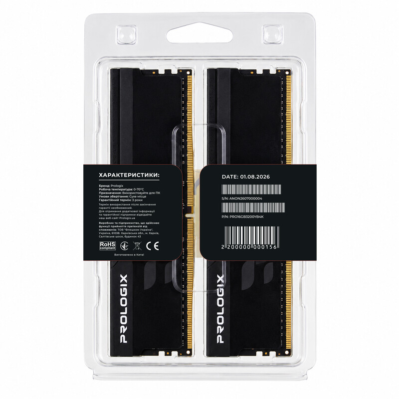Модуль пам`ятi DDR4 2x8GB/3200 Prologix Onyx Black (PRO16GB3200YB4K)
