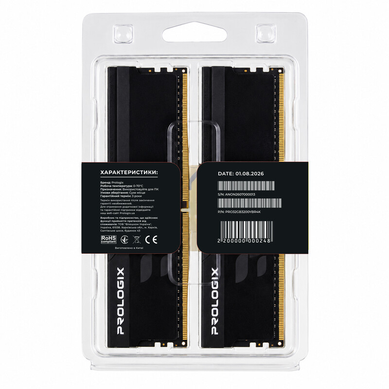Модуль пам`ятi DDR4 2x16GB/3200 Prologix Onyx Black RGB (PRO32GB3200YBR4K)