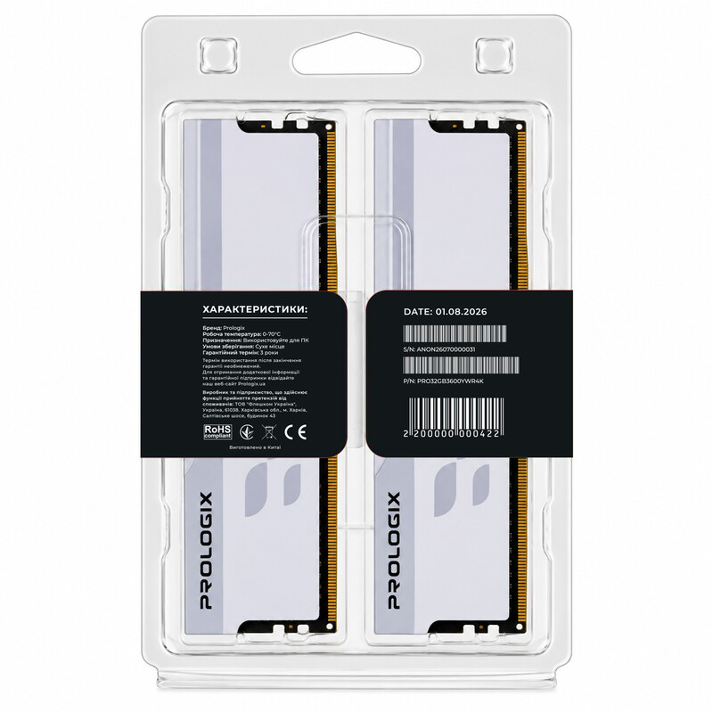 Модуль пам`ятi DDR4 2x16GB/3600 Prologix Onyx White RGB (PRO32GB3600YWR4K)