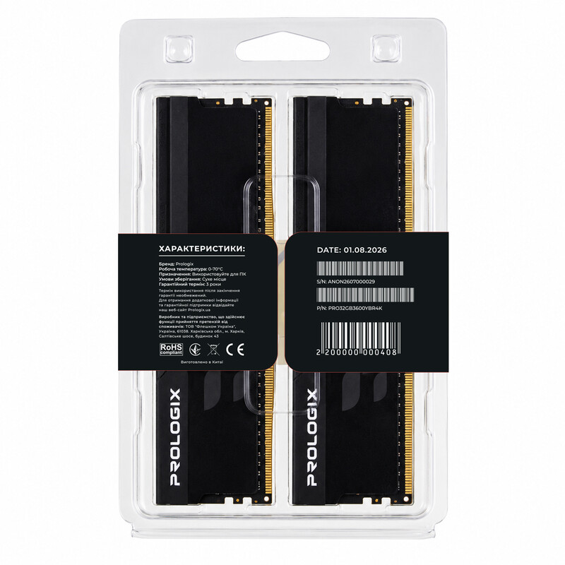 Модуль пам`ятi DDR4 2x16GB/3600 Prologix Onyx Black RGB (PRO32GB3600YBR4K)