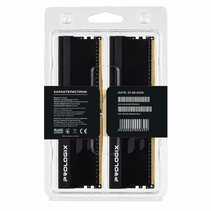 Модуль памяти DDR4 2x16GB/3600 Prologix Onyx Black (PRO32GB3600YB4K)