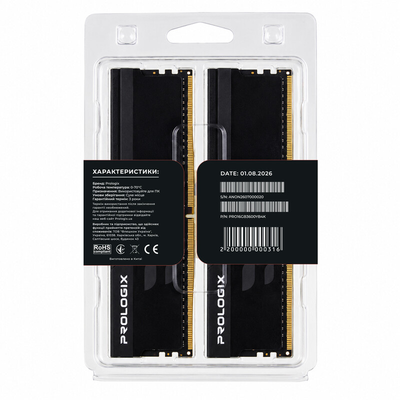 Модуль памяти DDR4 2x8GB/3600 Prologix Onyx Black (PRO16GB3600YB4K)