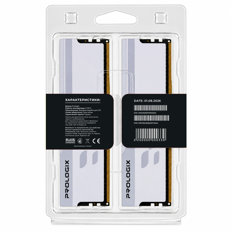 Модуль памяти DDR4 2x8GB/3600 Prologix Onyx White (PRO16GB3600YW4K)