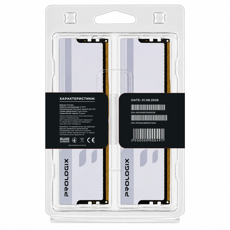 Модуль пам`ятi DDR5 2x16GB/5600 Prologix Onyx White (PRO32GB5600YW5K)