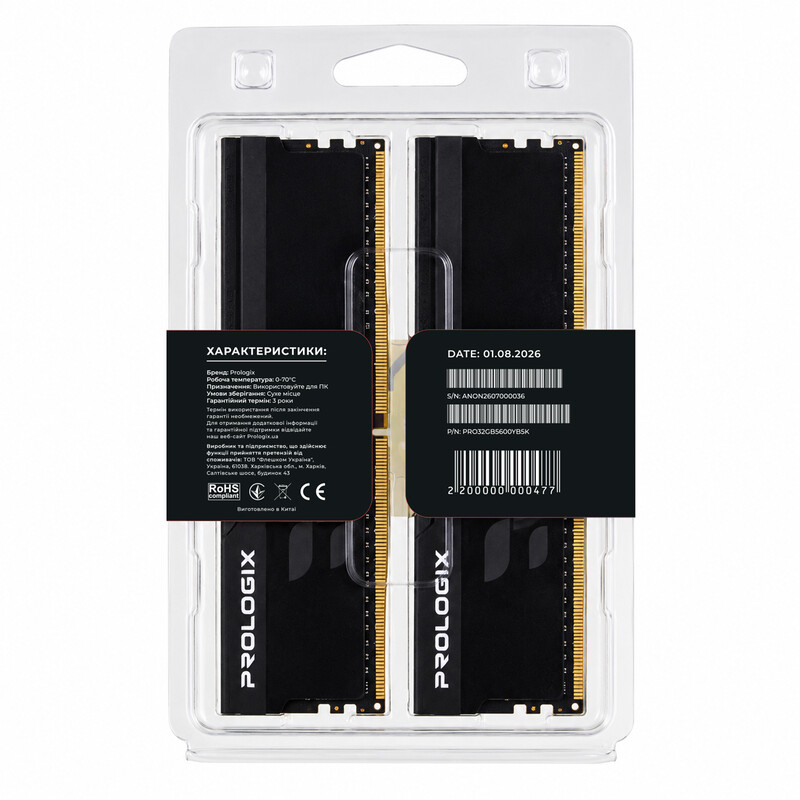 Модуль пам`ятi DDR5 2x16GB/5600 Prologix Onyx Black (PRO32GB5600YB5K)