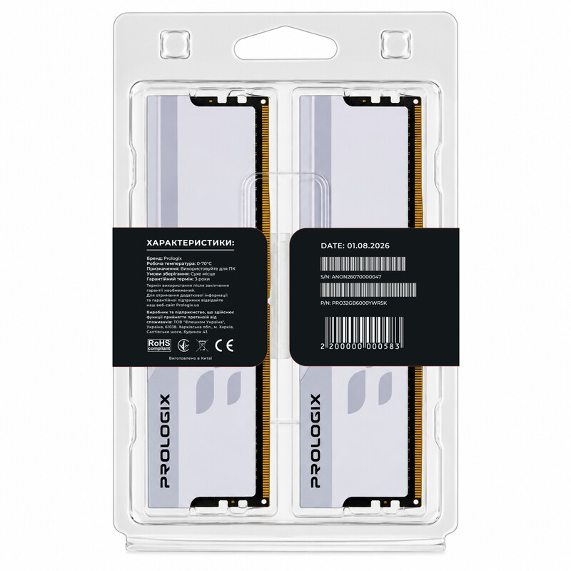 Модуль пам`ятi DDR5 2x16GB/6000 Prologix Onyx White RGB (PRO32GB6000YWR5K)
