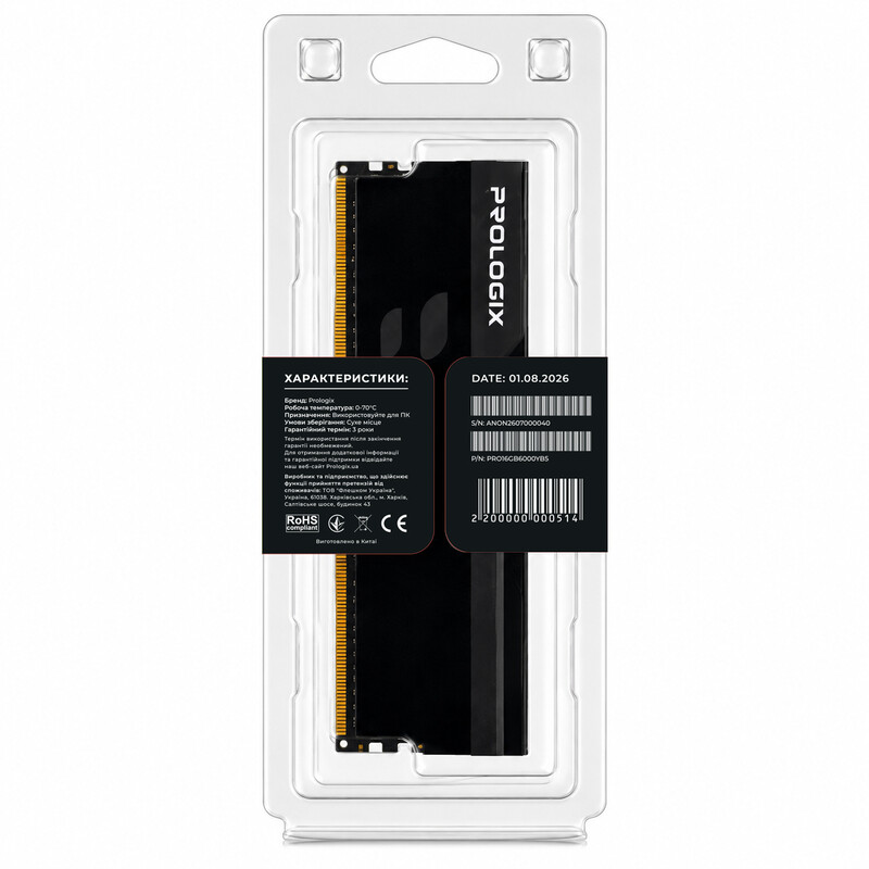 Модуль пам`ятi DDR5 16GB/6000 Prologix Onyx Black (PRO16GB6000YB5)