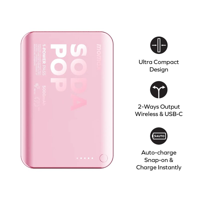 Универсальная мобильная батарея Momax 1-Power Pass 5000mAh 20W Pink (IP165P)