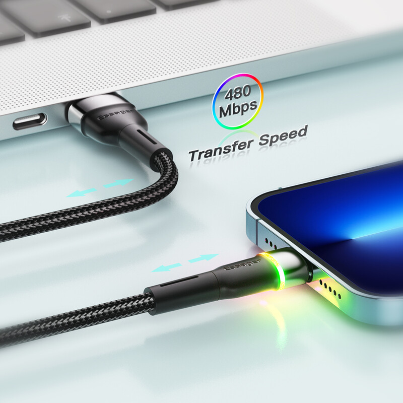 Кабель Essager Colorful LED USB - Lightning (M/M), 2.4A, 2 м Black (EXCL-XCDA01)