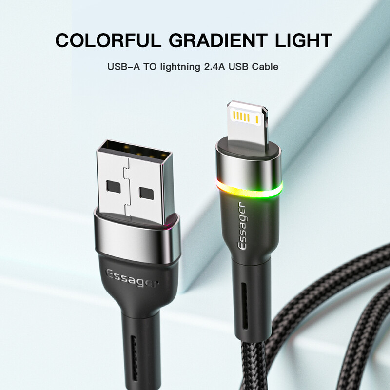 Кабель Essager Colorful LED USB - Lightning (M/M), 2.4A, 2 м Black (EXCL-XCDA01)