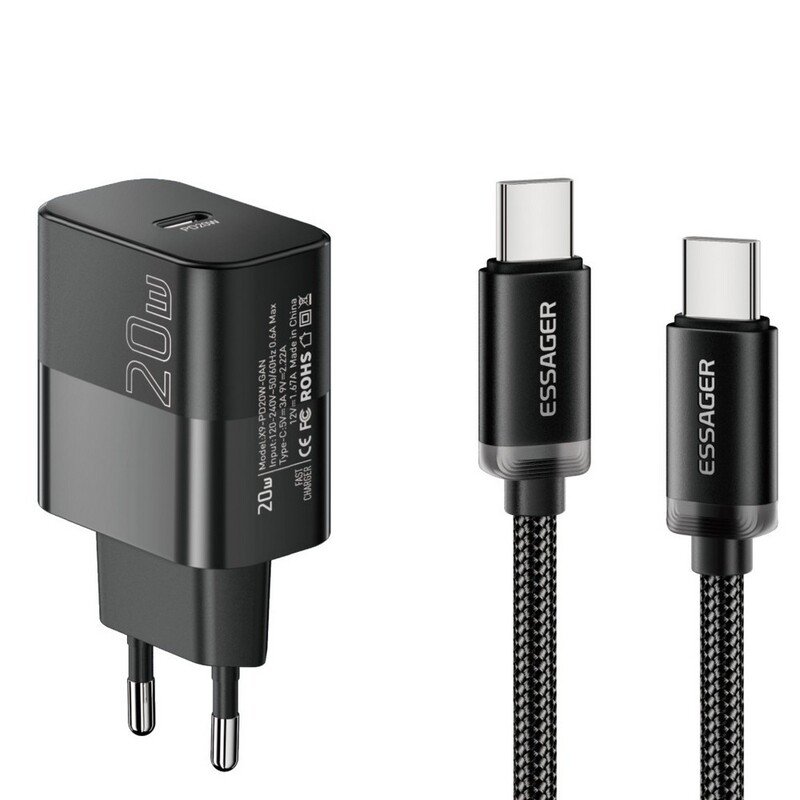 Мережевий зарядний пристрій Essager Travel Charger 20W USB-C Black (E20JSB1-SYTT1-T) + кабель USB Type-C