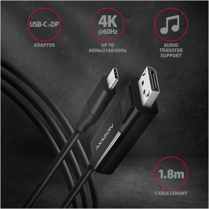 Кабель-адаптер Axagon USB-C – DisplayPort 1.2 (M/M), 1.8 м, 4K/60Hz, Black (RVC-DPC)