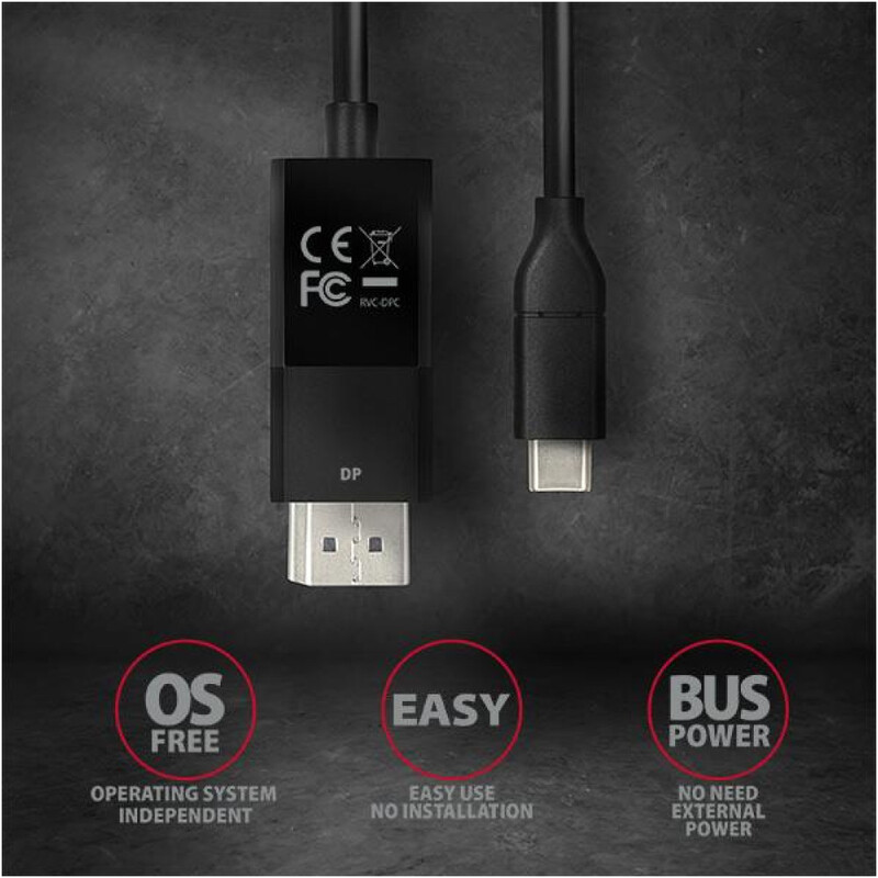 Кабель-адаптер Axagon USB-C – DisplayPort 1.2 (M/M), 1.8 м, 4K/60Hz, Black (RVC-DPC)